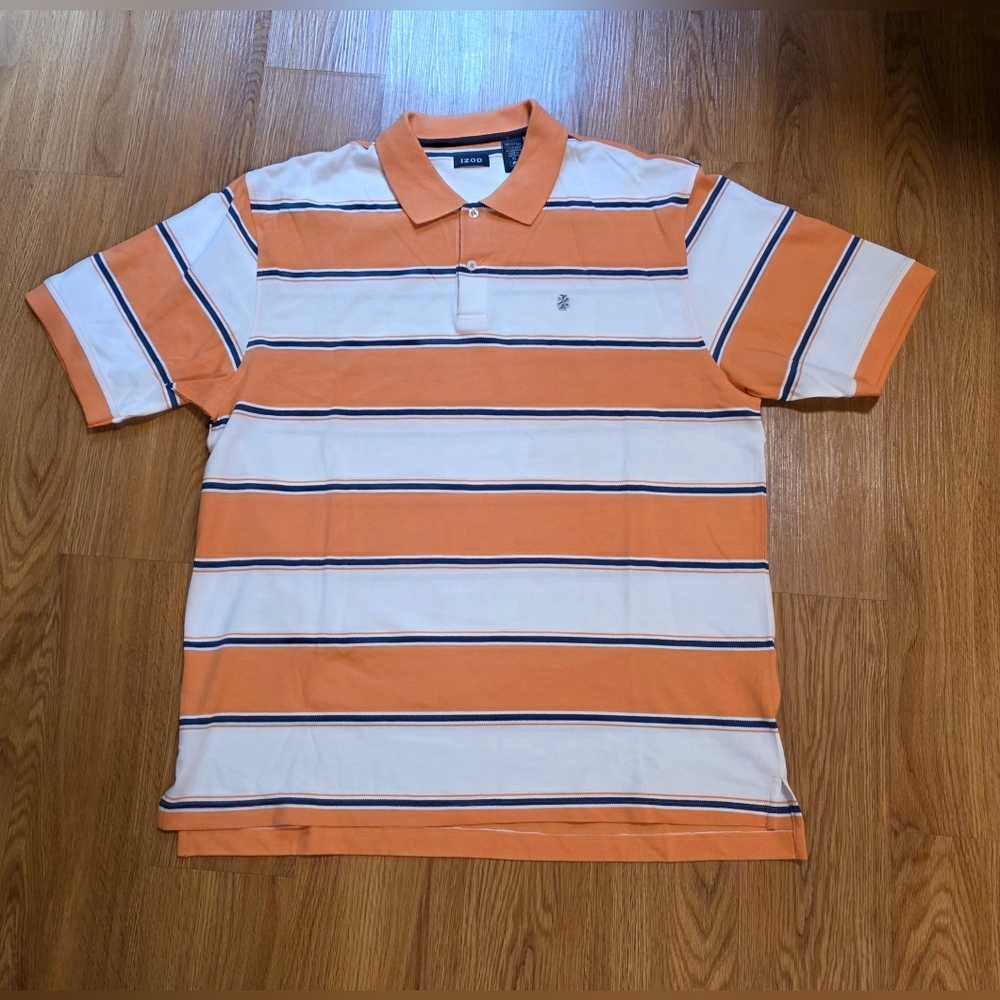 Izod Men's Short Sleeve Polo Shirt Striped 2 Button-Up XL Orange And White